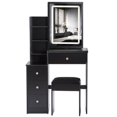HAOYYE Small Size Left Bedside Cabinet Vanity Table + Cushioned Stool, Touch Control Sliding LED Mirror, Tri-color Switching, Brightness Adjust, Multi Layer, Suitable for Small Space, EPA,GCC,UL Certificate