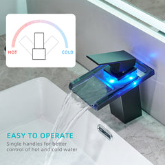 HAOYYE Bathroom Sink Faucet LED Light 3 Colors Changing Waterfall Glass Spout Hot Cold Water Mixer Single Handle One Hole Deck Mounted Bathroom Faucet Black Lavatory Vanity Basin Bath Plumbing Fixtures