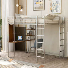 HAOYYE Full Size Metal Loft Bed with 2 Built-in Shelves & Desk, Silver – Space-Saving Design with Sturdy Metal Frame, Includes Full-Length Guardrails & Ladder, No Box Spring Needed, Perfect for Small Bedrooms & Dorm Rooms