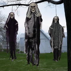 HAOYYE Halloween Hanging Skeleton Ghost Decorations 3-Pack Set Grim Reapers with Adjustable Arms for Spooky Outdoor and Indoor Halloween Party Decor Durable Plastic and Fabric