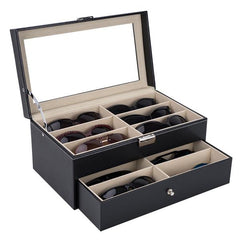 HAOYYE Leather 12-Piece Eyeglasses Storage and Sunglass Display Drawer, Lockable Case Organizer, Black, Premium Quality, Soft Cozy Warm Flannel Fleece Interior, Luxury Comfortable Unique Design, Ideal for Home Decor, Glasses Protection, and Organization