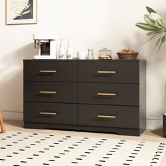 HAOYYE Black 6-Drawer Dresser Chest With Gold Handles, Modern Sturdy Space-Saving Heavy Duty Storage Cabinet For Bedrooms And Dorm Rooms, Easy Assembly