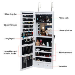 HAOYYE White Wooden Wall Mounted Jewelry Cabinet with Full-Length Mirror, 4-Layer Shelves, 2 Drawers, Inner Mirror and 8 Blue LED Lights, Lockable Design for Organized Storage and Easy Access to Necklaces, Earrings, Bracelets, and Rings