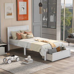 HAOYYE Modern Twin Platform Bed with Under-bed Drawer, White Sturdy Space-Saving Heavy Duty Design, Easy Assembly Bedroom Furniture for Dorms and Adults