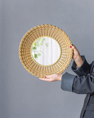 HAOYYE 14" Gold Beaded Sunburst Mirror, Round Accent Wall Mirror for Living Room, Entryway, Bathroom, Office, Foyer Sturdy Space-Saving Heavy Duty Modern Design Adults Dorm Room Easy Assembly