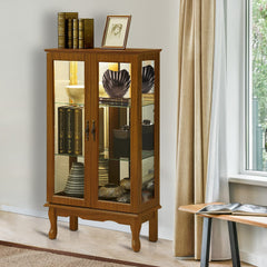 HAOYYE Curio Cabinet with Integrated Lighting and Adjustable Shelves Featuring a Mirrored Back Panel and Tempered Glass Doors in Oak Finish for Displaying Collectibles and Home Decor with Sturdy, Space Saving, Heavy Duty Construction
