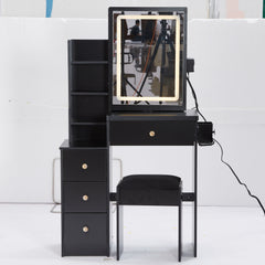 HAOYYE Small Size Left Bedside Cabinet Vanity Table + Cushioned Stool, 2 AC+2 USB Power Station, Hair dryer bracket, Extra Large Touch Control Sliding LED Mirror, Tri-color Switching, EPA,GCC,UL Certificate