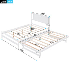 HAOYYE Full Size Platform Bed with Adjustable Trundle, White, Space-Saving Modern Design, Sturdy and Heavy-Duty Wood Frame, Ideal for Guest Room, Apartment, or Dorm, Easy Assembly Bedroom Furniture