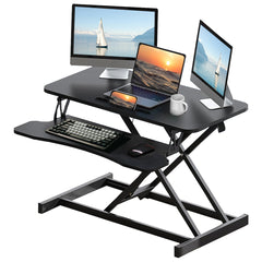 HAOYYE Height Adjustable Desk Converter, Sit to Stand Riser for Dual Monitors and Laptop, Wide Keyboard Tray, Space-Saving Heavy Duty Design, Christmas Gift, Black