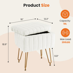 HAOYYE White Faux Fur Vanity Stool Chair With Storage, Soft Padded Makeup Ottoman Seat, 4 Sturdy Metal Legs With Anti-Slip Adjustable Feet, Modern Space-Saving Design For Adults, Suitable For Bedroom Or Dressing Room