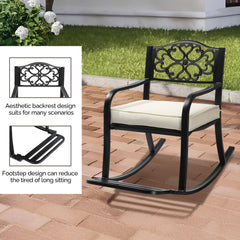 HAOYYE Metal Rocking Chair with Cushion and Footrest, Outdoor Patio Rocker Bench with Weatherproof Cast Iron Frame, Elegant Floral Backrest Rocking Seat for Garden, Porch, Deck, or Lawn Relaxation