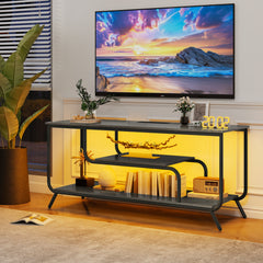 HAOYYE Modern TV Stand With Power Outlets And LED Lights, Entertainment Center With Shelves, TV Console Table For Living Room And Bedroom, Light Gray Sturdy Space-Saving Heavy Duty Design