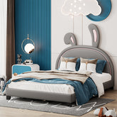 HAOYYE Full Size Upholstered Leather Platform Bed with Rabbit Ornament, Gray Sturdy Space-Saving Heavy Duty Modern Design Adults Dorm Room Easy Assembly Bedroom Furniture