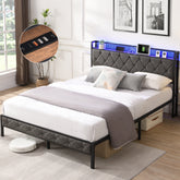 HAOYYE Full Bed Frame with Storage Headboard, Charging Station and LED Lights, Upholstered Platform Bed with Heavy Metal Slats, No Box Spring Needed, Noise Free, Easy Assembly, Dark Gray Sturdy Space-Saving