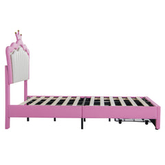HAOYYE Twin Size Upholstered Bed Frame With LED Lighting, Modern Princess Bed With Crown Headboard And Storage Drawer, Pink And White, Sturdy Space-Saving Heavy Duty Design For Adults And Dorm Rooms