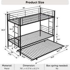 HAOYYE Over Twin Bunk Bed Frame with Trundle,Metal Bunkbed with Sturdy Guard Rail and 2 sideLadders for /Adults,Can be Divided Into Two Beds, No Box Spring Needed, Noise Free for Dorm,Black Space-Saving