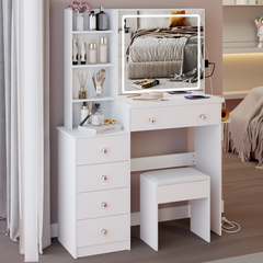 HAOYYE 37" Middle Size Left Bedside Cabinet Vanity Table + Cushioned Stool Dresser Set, 2 AC+2 USB Socket, Hair Dryer Stand, Large Touch Control LED Sliding Mirror, 3-color Switch, EPA, GCC, UL Certificate