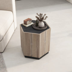 HAOYYE Hexagonal Rural-Style Side Table with Drawer, Textured Black and Warm Oak, Sturdy Space-Saving Design, Heavy Duty Construction, Modern Rustic Furniture for Living Room, Bedroom, or Corner Spaces