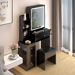HAOYYE Small Space Left Bedside Cabinet Vanity Table + Cushioned Stool, 2 AC+2 USB Power Station, Hair dryer bracket, Extra Large Touch Control Sliding LED Mirror, Tri-color Switching, Brightness Adjustable