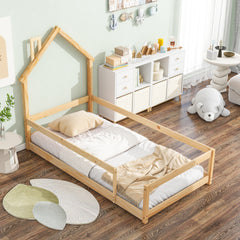 Haoyye Twin Size Wood Bed with House-Shaped Headboard, Floor Bed Frame with Fences and Guardrails, Low Platform Design for Bedroom or Dorm, Sturdy Pine Construction, Space-Saving and Heavy Duty, Easy Assembly, Ideal for Cozy Sleeping Spaces