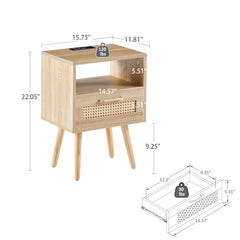 HAOYYE Rattan End Table with Power Outlet & USB Ports, Modern Nightstand with Drawer and Solid Wood Legs, Natural, Sturdy Space-Saving Design, Heavy Duty Construction, Stylish and Durable Home Furniture for Living Room or Bedroom
