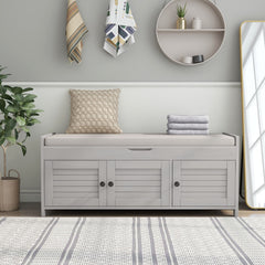 HAOYYE Storage Bench with 3 Shutter-shaped Doors, Shoe Bench with Removable Cushion and Hidden Storage Space (Gray Wash, OLD SKU: WF284226AAE) Sturdy Space-Saving Heavy Duty Modern Design Adults