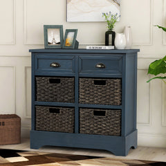 HAOYYE Rustic Storage Cabinet with Two Drawers and Four Classic Rattan Baskets for Dining Room, Entryway, or Living Room, Antique Navy, Sturdy Space-Saving Design, Heavy Duty Construction, Easy Assembly, Durable and Stylish Home Furniture