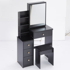 HAOYYE Compact Left-Side Bedside Vanity Table With Cushioned Stool, Sliding Mirror, Multi-Layer High Capacity Storage, Stylish Design, Perfect For Small Spaces, Certified EPA, GCC, UL