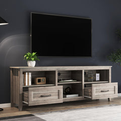 HAOYYE TV Stand for Living Room and Bedroom, with Two Drawers and Four Storage Compartments, Grey Walnut, Sturdy Space-Saving Design, Heavy Duty Construction, Easy Assembly, Durable and Stylish Home Furniture