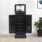 HAOYYE Jewelry Armoire with Mirror, 7 Drawers, 24 Necklace Hooks, and 2 Side Swing Doors, Elegant Black Finish, Large Storage Organizer for Jewelry, Accessories, and More, Stylish and Functional Design for Bedroom or Dressing Room