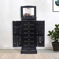 HAOYYE Jewelry Armoire with Mirror, 7 Drawers, 24 Necklace Hooks, and 2 Side Swing Doors, Elegant Black Finish, Large Storage Organizer for Jewelry, Accessories, and More, Stylish and Functional Design for Bedroom or Dressing Room