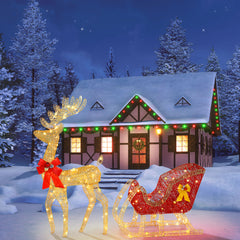 HAOYYE Golden Elk Deer Sled with Red Sleigh Iron Frame Cotton Thread Green Onion Powder Holiday Courtyard Decoration Outdoor LED Lights Festive Christmas Yard Display Durable and Reusable