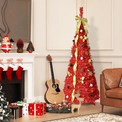 HAOYYE Artificial Red Pop Up Christmas Tree with 150 LED Lights, Ribbons, Large Bow, Christmas Flowers, Snowflakes, Pine Cones, and Balls, Fireproof PVC, Hinged Automatic Setup, Foldable Base for Easy Assembly and Storage, Perfect Indoor Holiday Decor