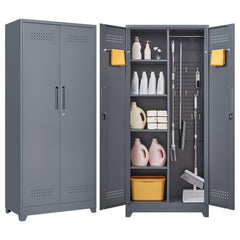 HAOYYE Metal Storage Cabinets, Cleaning Tool Cabinet with Locking Door, Tall Broom Tool Organizer and Storage, Large Storage Cabinet for Kitchen, Pantry, Office, Shop Sturdy Space-Saving Heavy Duty Durable