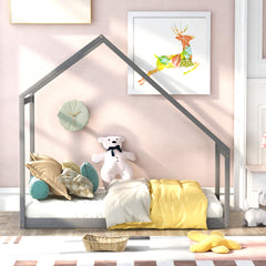 HAOYYE Twin Size Wooden House Bed, Gray Sturdy Space-Saving Heavy Duty Modern Design Easy Assembly Durable Stylish Home Furniture Versatile