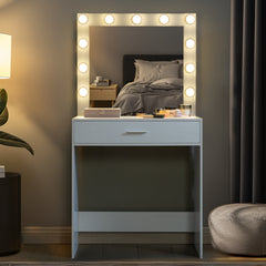 HAOYYE Vanity Desk with Mirror and Lights, Dressing Table with Large Drawer, 1 Level Storage Dresser & 3 Lighting Modes Adjustable Brightness, Suitable for Bedroom(White)