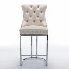 HAOYYE 26" Counter Height Bar Stools Set of 2, Modern Velvet Barstools with Button Back&Rivet Trim Upholstered Kitchen Island Chairs with Sturdy Chromed Metal Base Legs Farmhouse Bar Stools, (Beige,2 Pack)