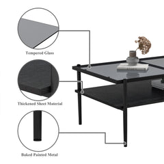 HAOYYE Rectangle Coffee Table with Gray Tempered Glass top and Black Legs,Modern Table for Living Room Sturdy Space-Saving Heavy Duty Modern Design Adults Dorm Room Easy Assembly Bedroom Furniture