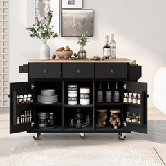 HAOYYE Kitchen Cart with Rubberwood Drop-Leaf Countertop, Internal Storage Racks, 5-Wheel Kitchen Island with Storage Cabinet and 3 Drawers, Black, Sturdy Space-Saving Design, Durable and Stylish Home Furniture