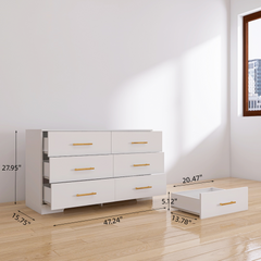 HAOYYE White 6-Drawer Dresser With Golden Handles, Spacious Modern Chest of Drawers, Sturdy Space-Saving Design, Heavy Duty, Easy to Assemble, Ideal for Bedrooms and Dorm Rooms