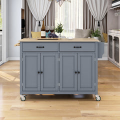 HAOYYE Kitchen Island Cart with Solid Wood Top and Locking Wheels, 4-Door Cabinet and 2 Drawers, Spice Rack, Towel Rack, Grey Blue, Sturdy Space-Saving Design, Heavy Duty Construction, Easy Assembly, Stylish and Durable Home Furniture