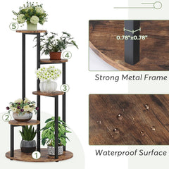 HAOYYE 5-Tier Corner Plant Stand with Wood and Metal Frame, Rustic Brown Finish, Space-Saving Freestanding Flower Rack for Indoor and Outdoor Use, Perfect for Displaying Multiple Potted Plants in Garden, Balcony, or Patio