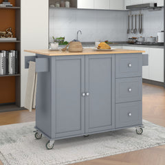 HAOYYE Rolling Mobile Kitchen Island With Solid Wood Top, Storage Cabinet, Drop Leaf Breakfast Bar, Spice Rack, Towel Rack, And Drawer, Grey Blue, Sturdy Space-Saving Design With Locking Wheels