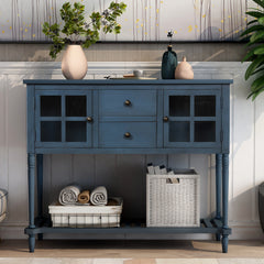 HAOYYE Sideboard Console Table with Bottom Shelf, Farmhouse Wood/Glass Buffet Storage Cabinet Living Room (Antique Navy) Sturdy Space-Saving Heavy Duty Modern Design Easy Assembly Durable Stylish