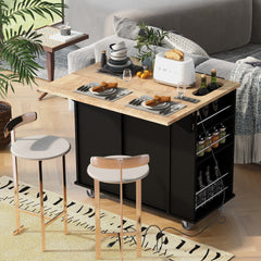 HAOYYE Kitchen Island with Power Outlet, Drop Leaf, Rubber Wood Top, Wine Rack, and Adjustable Storage. Black Kitchen Storage Island on Wheels, Ideal for Home, Kitchen, and Dining Room