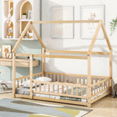 HAOYYE Full Size Floor Wooden Bed with House Roof Frame, Fence Guardrails ,Nartural Sturdy Space-Saving Heavy Duty Modern Design Adults Dorm Room Easy Assembly Bedroom Furniture