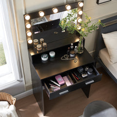 HAOYYE Vanity Desk with Mirror and Lights, Dressing Table with Large Drawer, Two-Level Storage Dresser, and Adjustable Brightness with Three Lighting Modes, Black, Sturdy Space-Saving Design, Heavy Duty Construction, Stylish and Durable Home Furniture