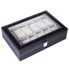 HAOYYE 12 Compartments Top-Level Opening Style Leather Watch Collection Box, Black Soft Cozy Warm Flannel Fleece Home Decor, Luxury Comfortable Unique Design, Premium Quality Decorative Display Case for Watches and Accessories