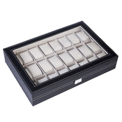 HAOYYE 24 Compartments Top-Level Opening Style Leather Watch Collection Box, Black Soft Cozy Warm Flannel Fleece Home Decor, Luxury Comfortable Unique Design, Premium Quality Decorative Storage Box for Watches, Jewelry, and Accessories