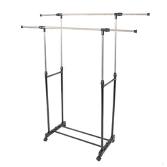 HAOYYE Dual-Bar Vertical & Horizontal Stretching Stand Clothes Rack with Shoe Shelf YJ-04, Black & Silver, Durable Space-Saving Organizer for Closet, Bedroom, Living Room, Modern Design, Versatile Use, Premium Quality, Stylish Storage Solution